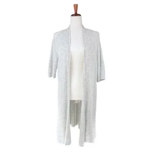 EILEEN FISHER Linen-Blend Open Knit Short-Sleeve Cardigan Light Gray Size L