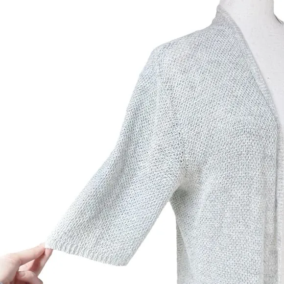 EILEEN FISHER Linen-Blend Open Knit Short-Sleeve Cardigan Light Gray Size L