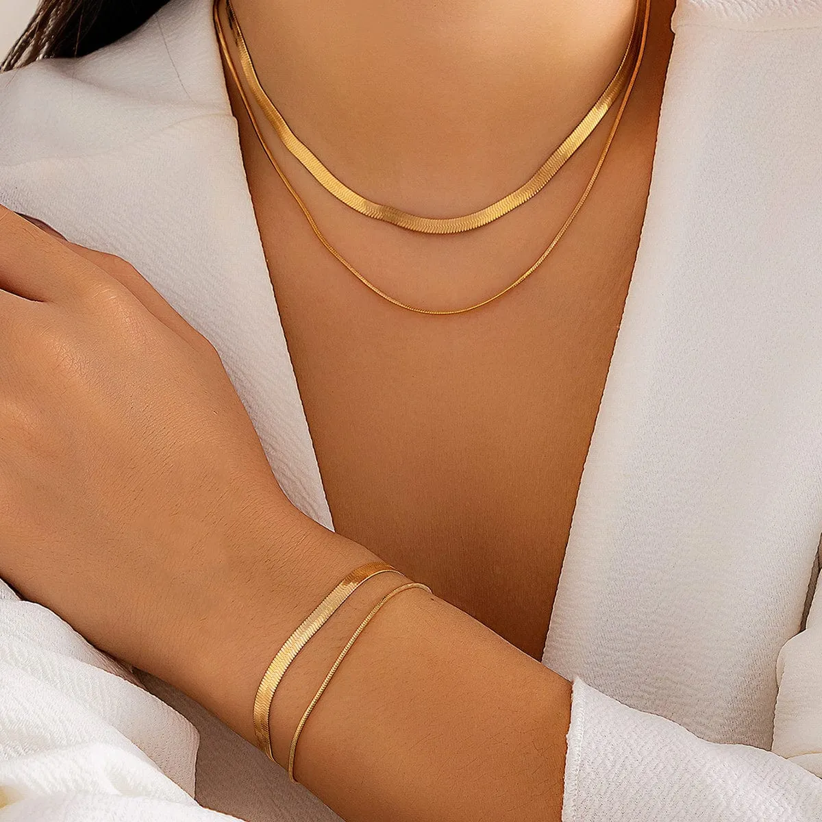 Elegant Layered Snake Chain Necklace Bracelet Set
