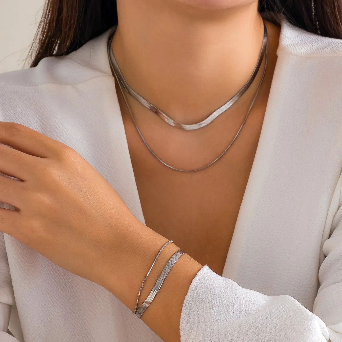 Elegant Layered Snake Chain Necklace Bracelet Set