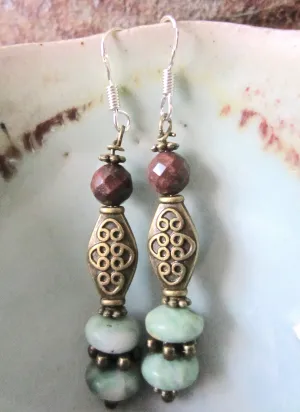 Elegant Mint Jade and Russet Jasper Dangle Earrings
