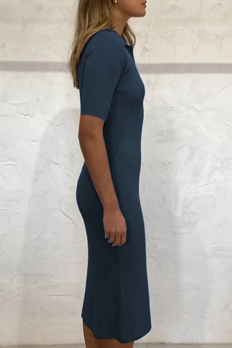 Elegant Solid Buckle Turndown Collar One Step Skirt Dresses