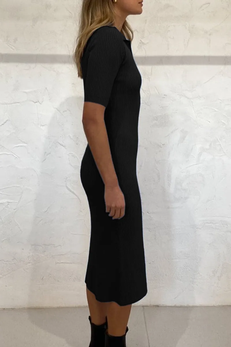 Elegant Solid Buckle Turndown Collar One Step Skirt Dresses