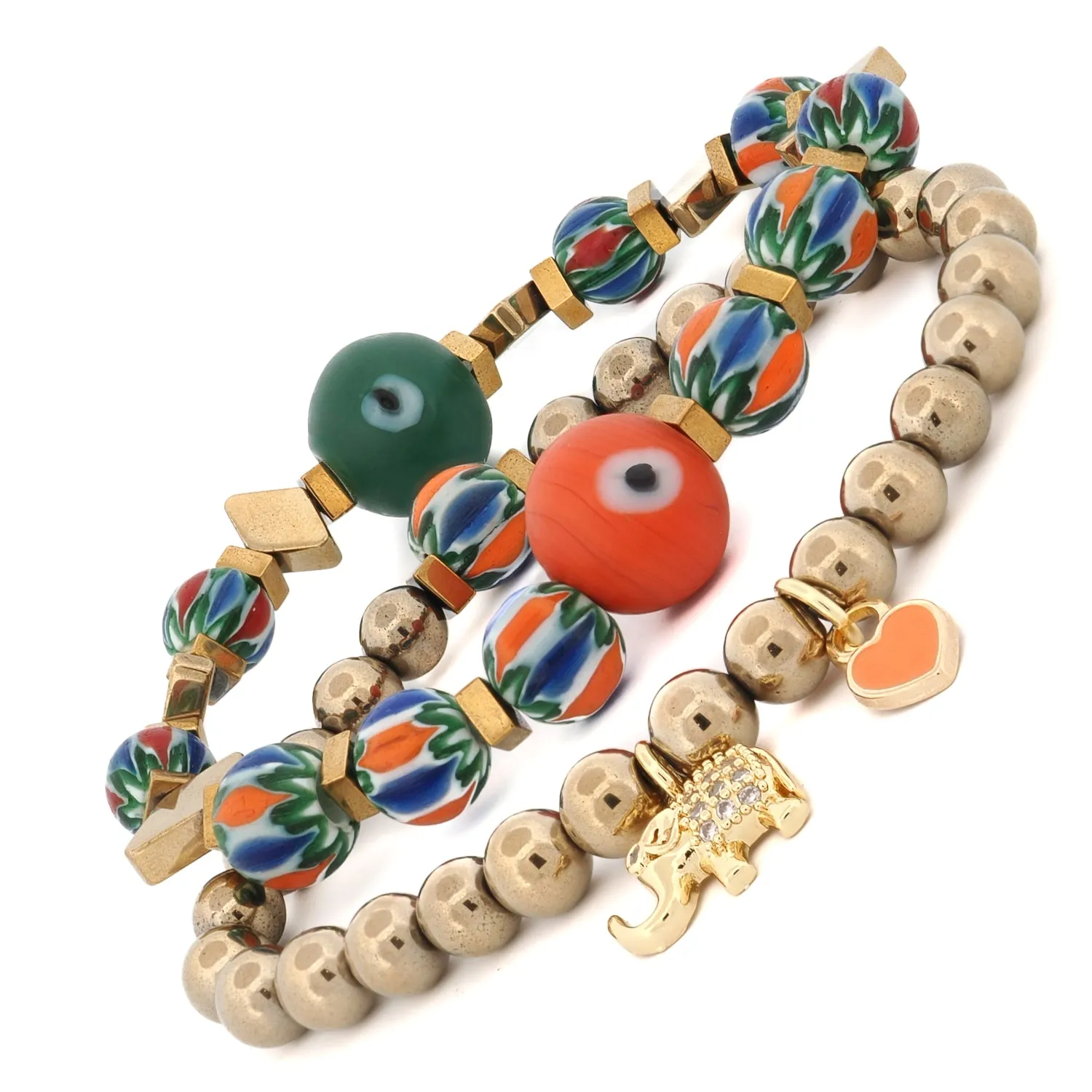 Elephant & Heart Charm Design African Beaded Protection Bracelet Set