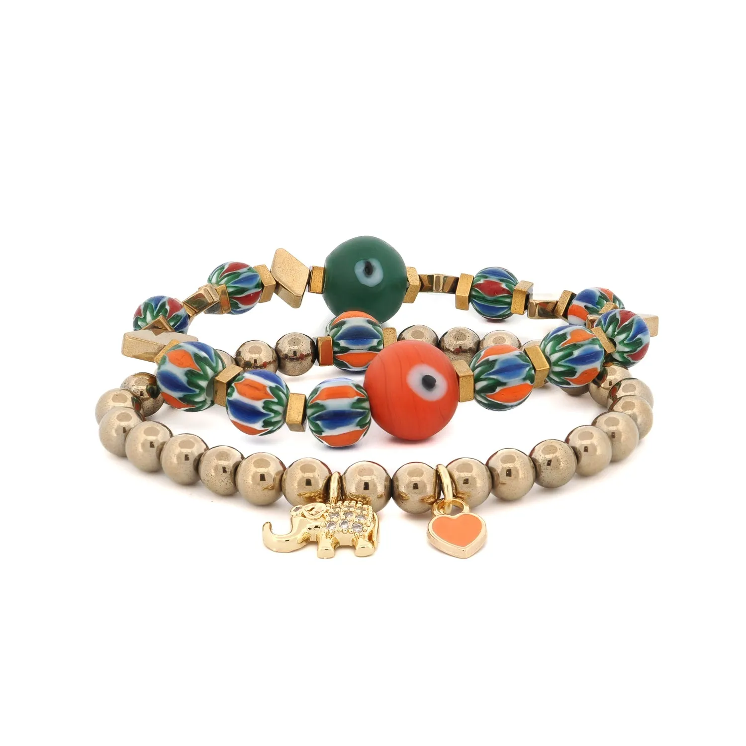 Elephant & Heart Charm Design African Beaded Protection Bracelet Set