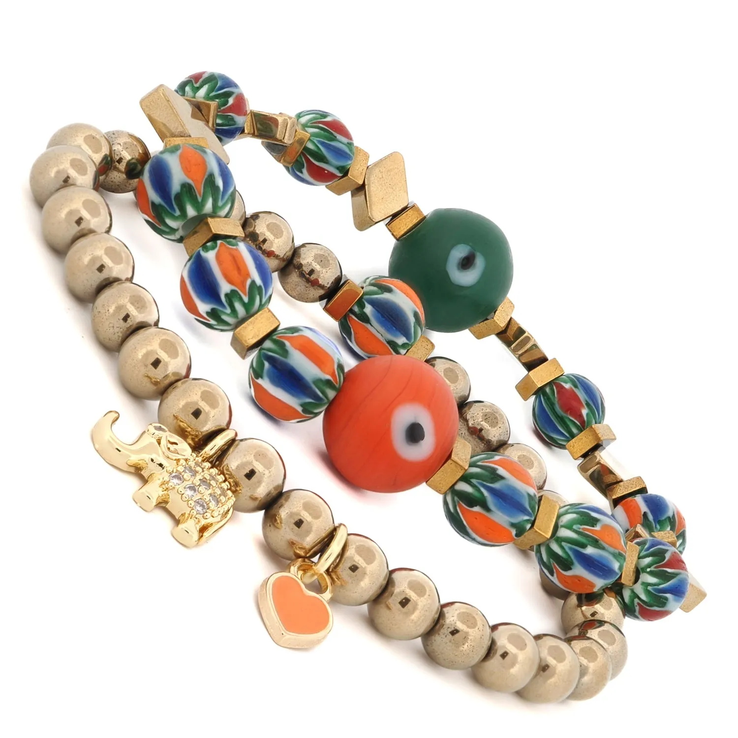 Elephant & Heart Charm Design African Beaded Protection Bracelet Set