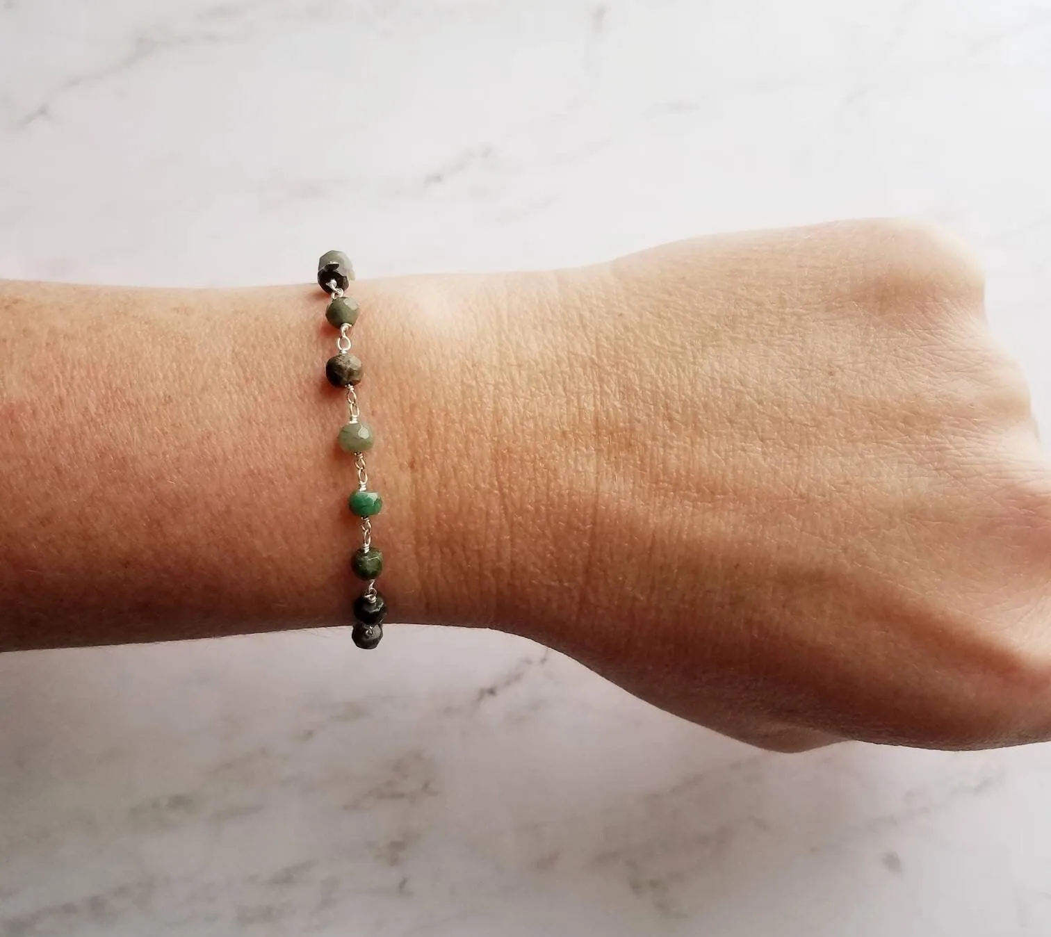 Emerald Stone Bracelet, green stone bracelet, gemstone bracelet, emerald bracelet, beaded silver chain, tiny stone bracelet, May birthstone