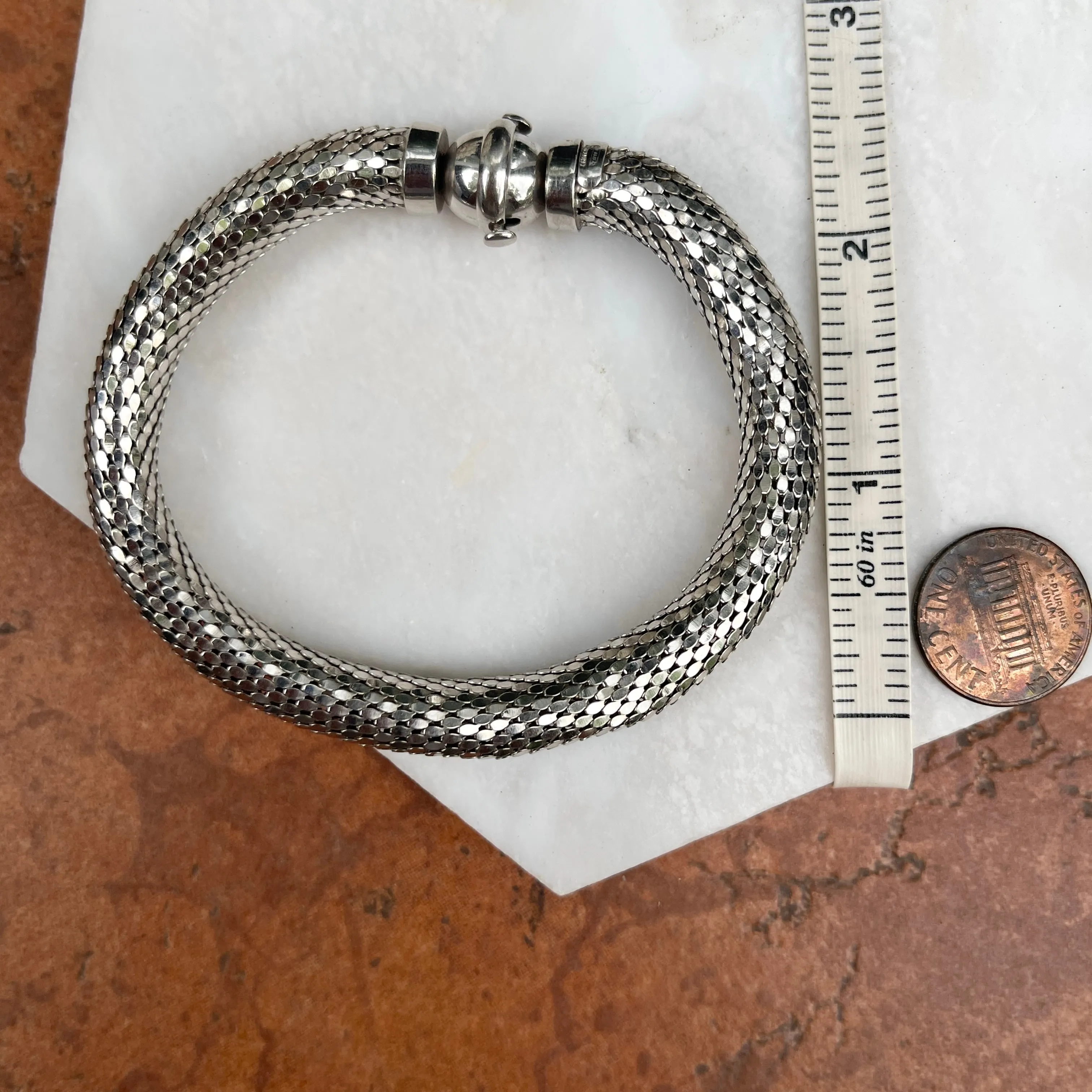 Estate 14KT White Gold Snake Mesh Rounded Bangle Bracelet