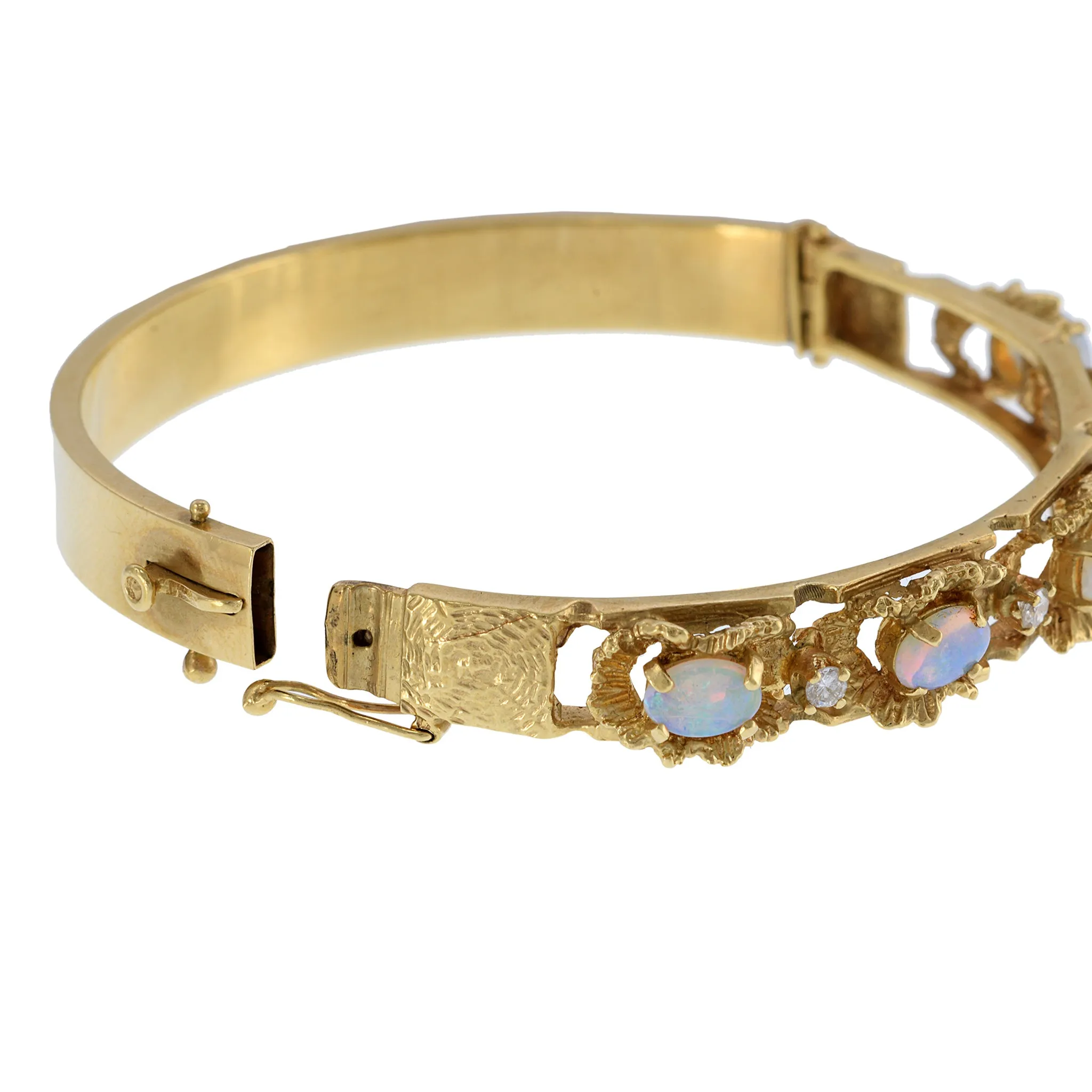 Estate 14KT Yellow Gold White Opal And Diamond Bangle Bracelet