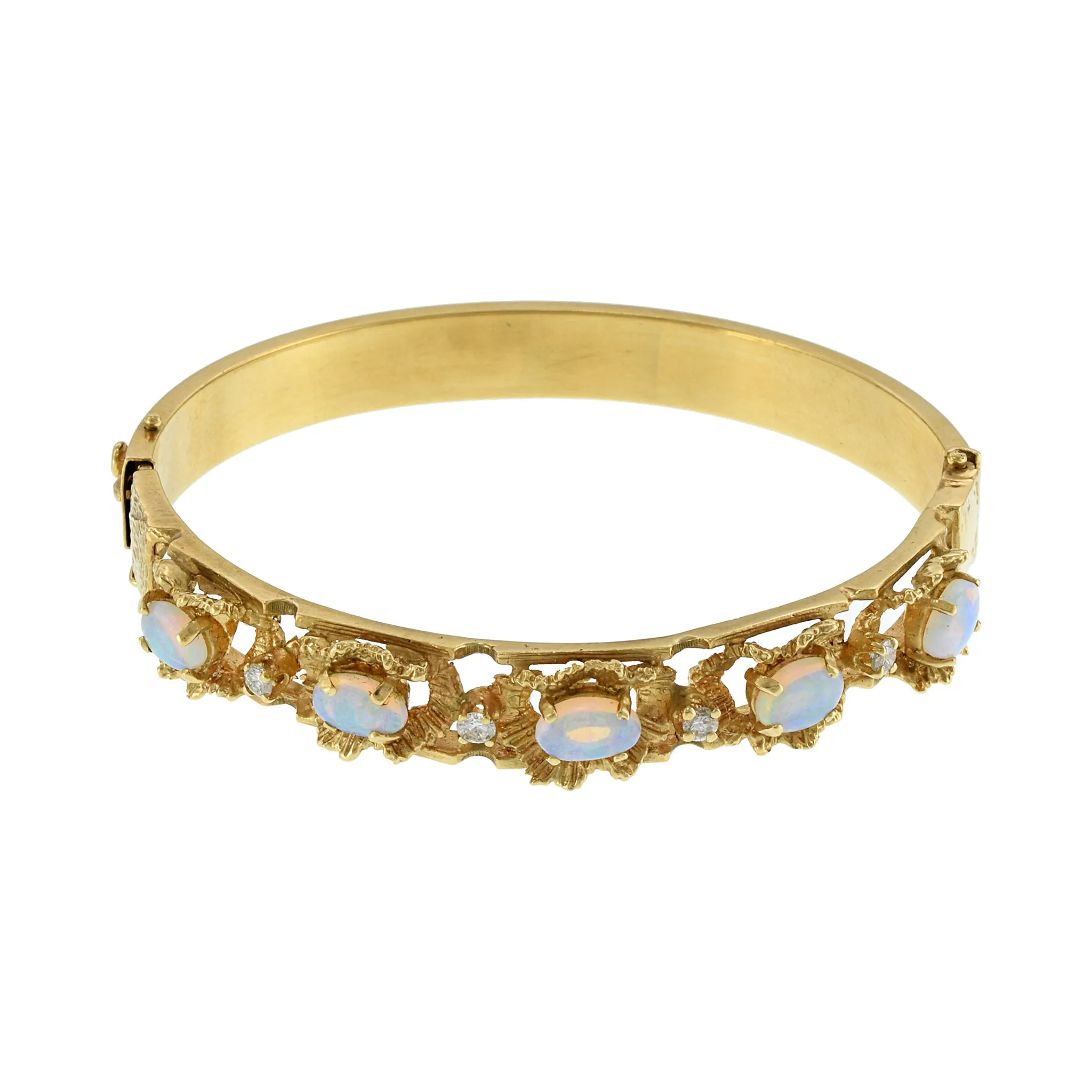 Estate 14KT Yellow Gold White Opal And Diamond Bangle Bracelet