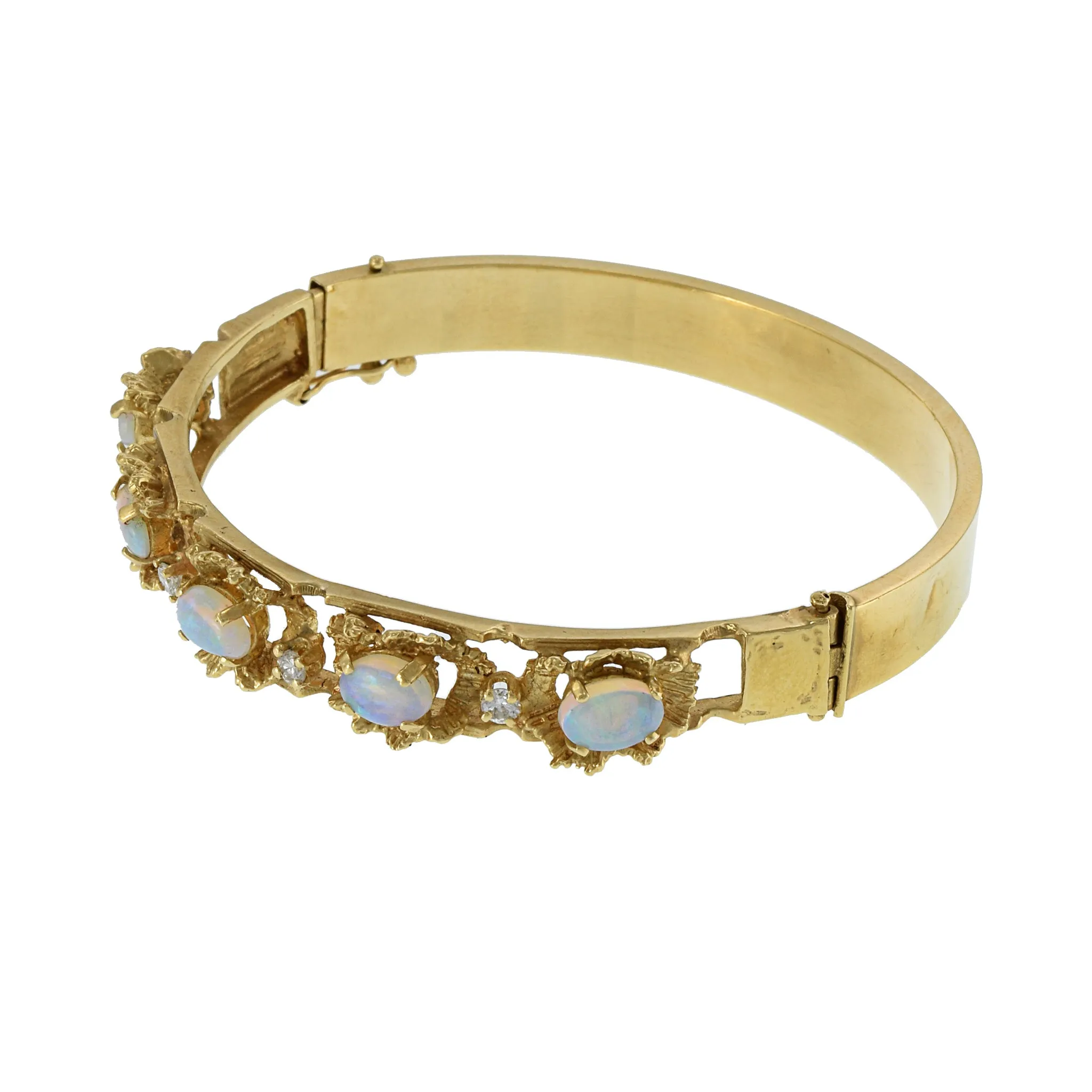 Estate 14KT Yellow Gold White Opal And Diamond Bangle Bracelet