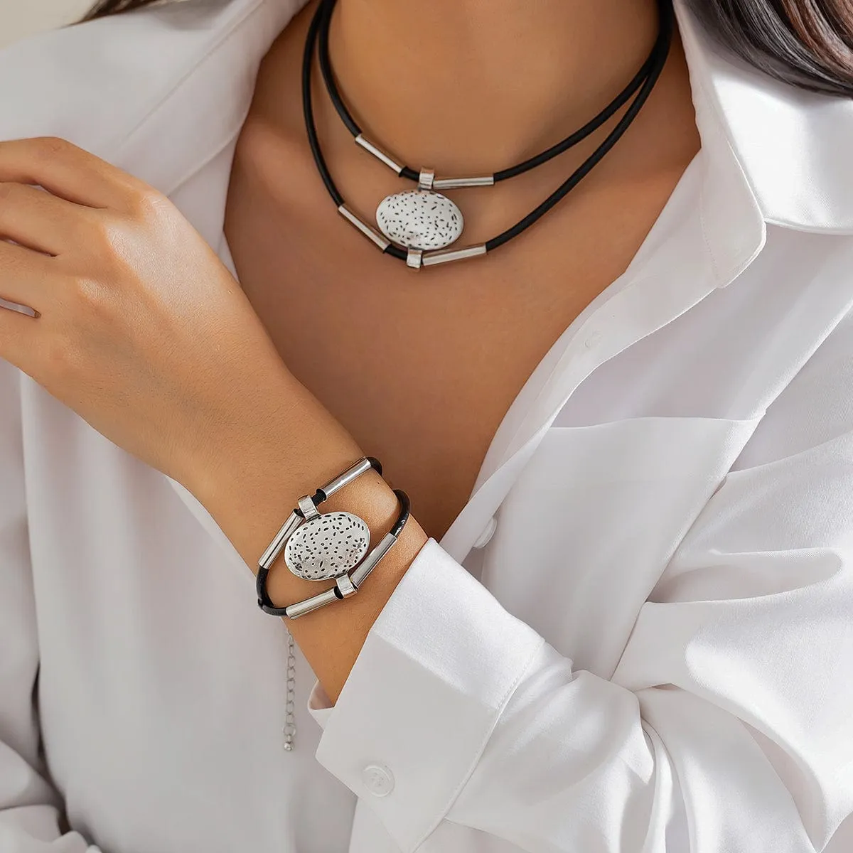 Ethnic style Layered Carved Oval Charm PU String Necklace Bracelet Set