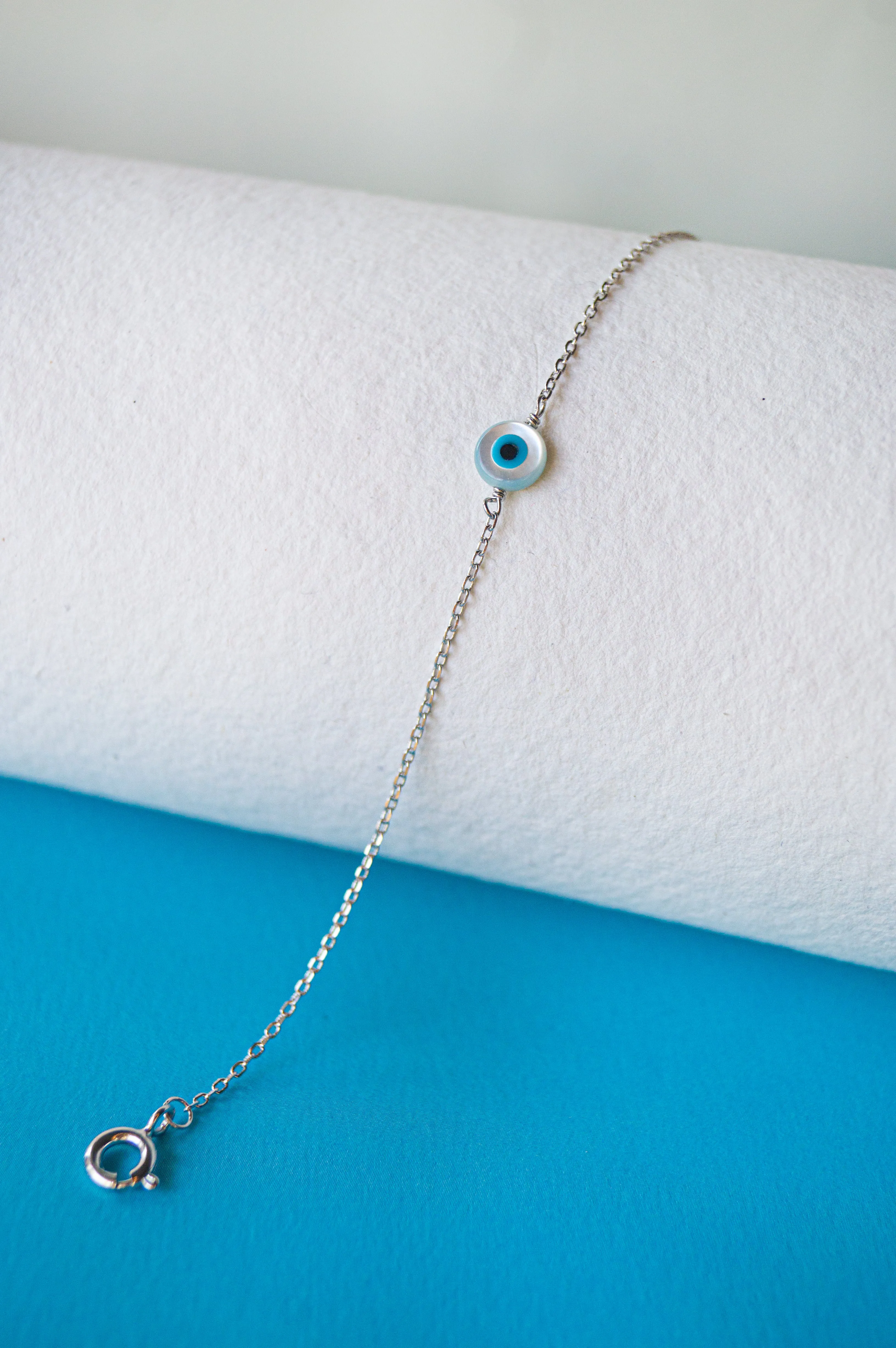 Evil Eye Mother-Of-Pearl Sterling Silver Delicate Chain Bracelet