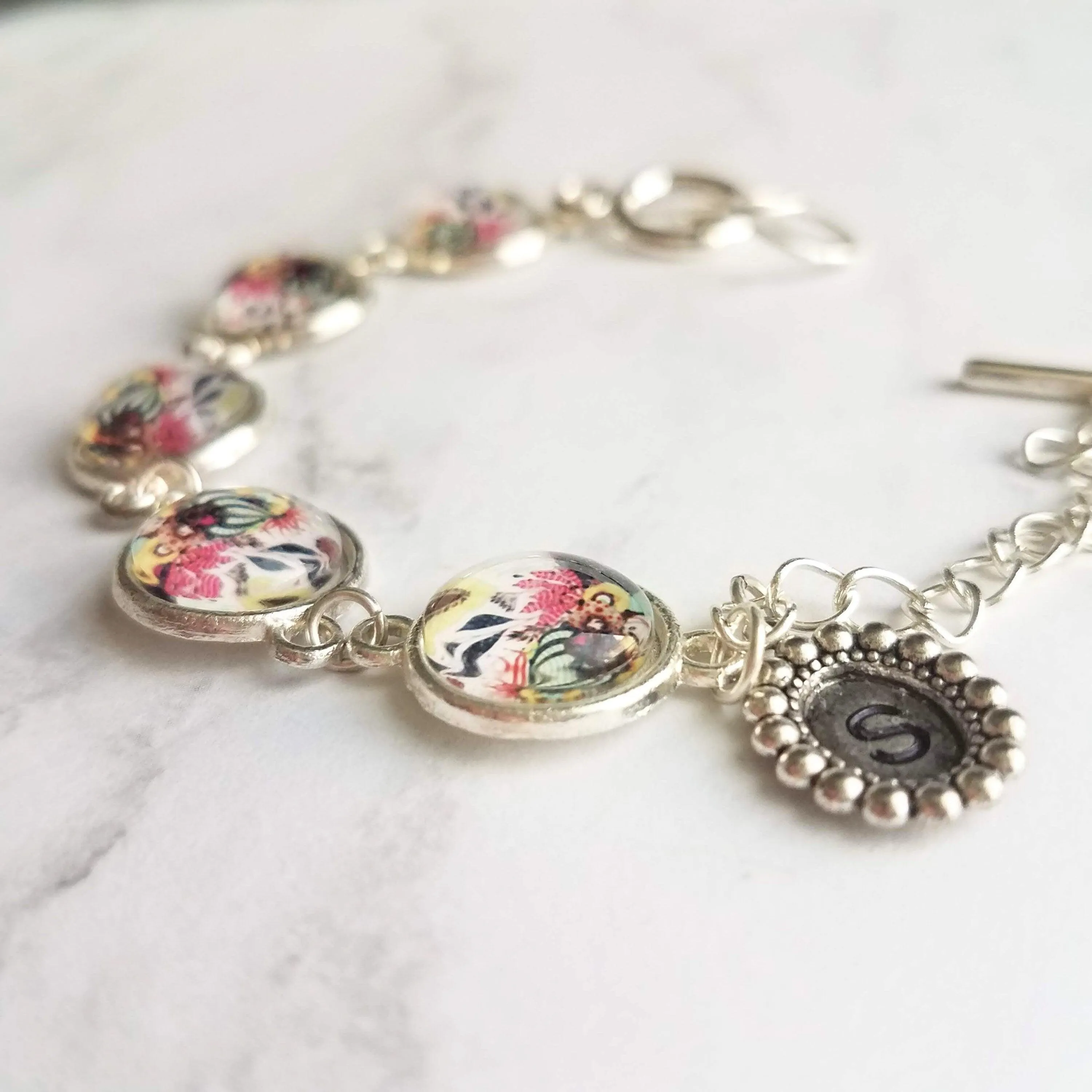 Floral Bracelet, mothers day bracelet, personalized bracelet, initial bracelet, initial charm, silver floral bracelet, mom monogram bracelet