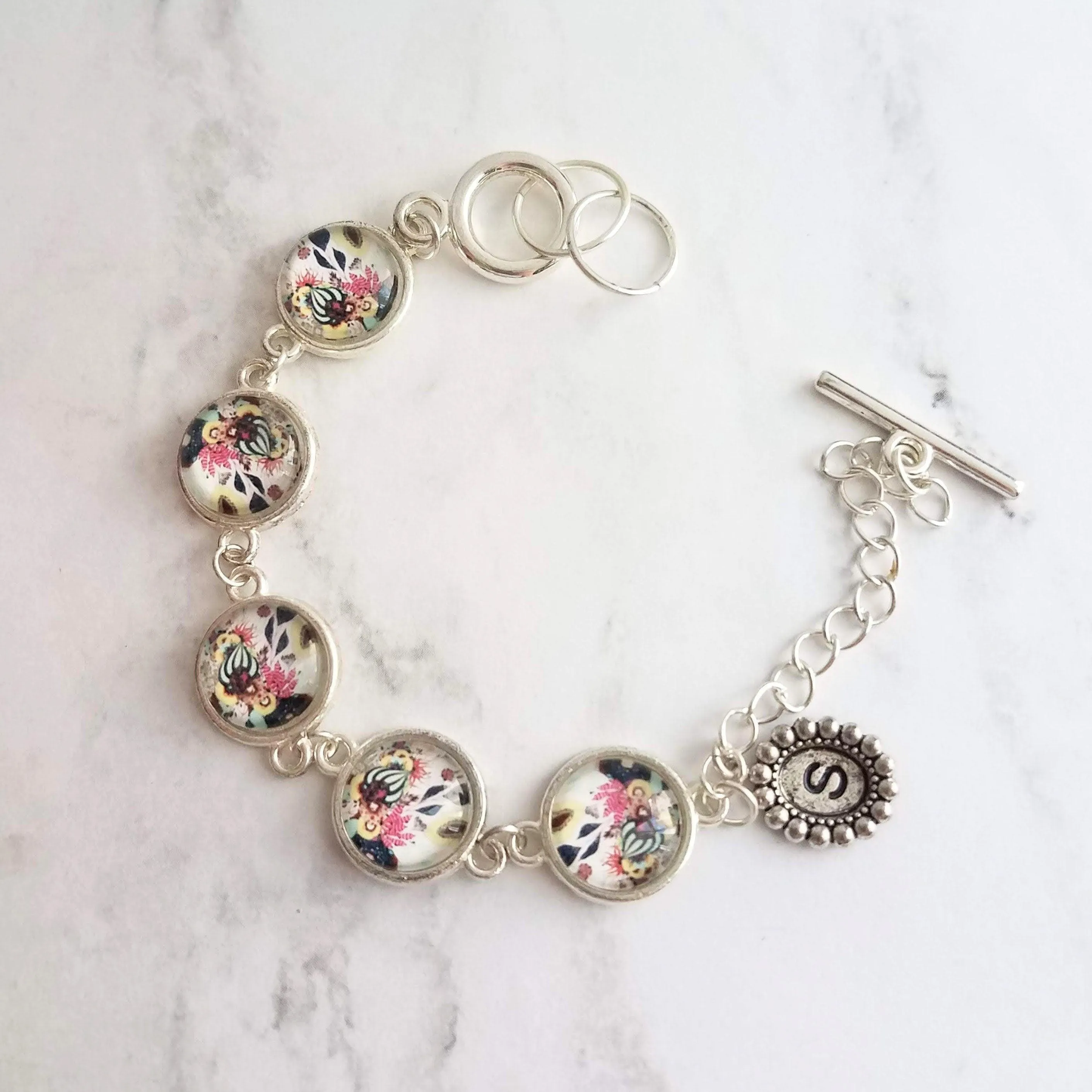 Floral Bracelet, mothers day bracelet, personalized bracelet, initial bracelet, initial charm, silver floral bracelet, mom monogram bracelet