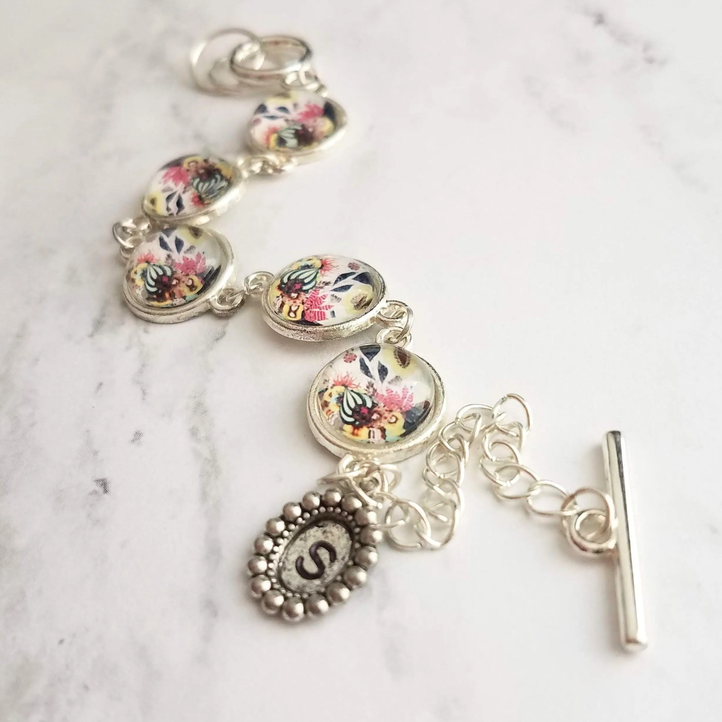 Floral Bracelet, mothers day bracelet, personalized bracelet, initial bracelet, initial charm, silver floral bracelet, mom monogram bracelet