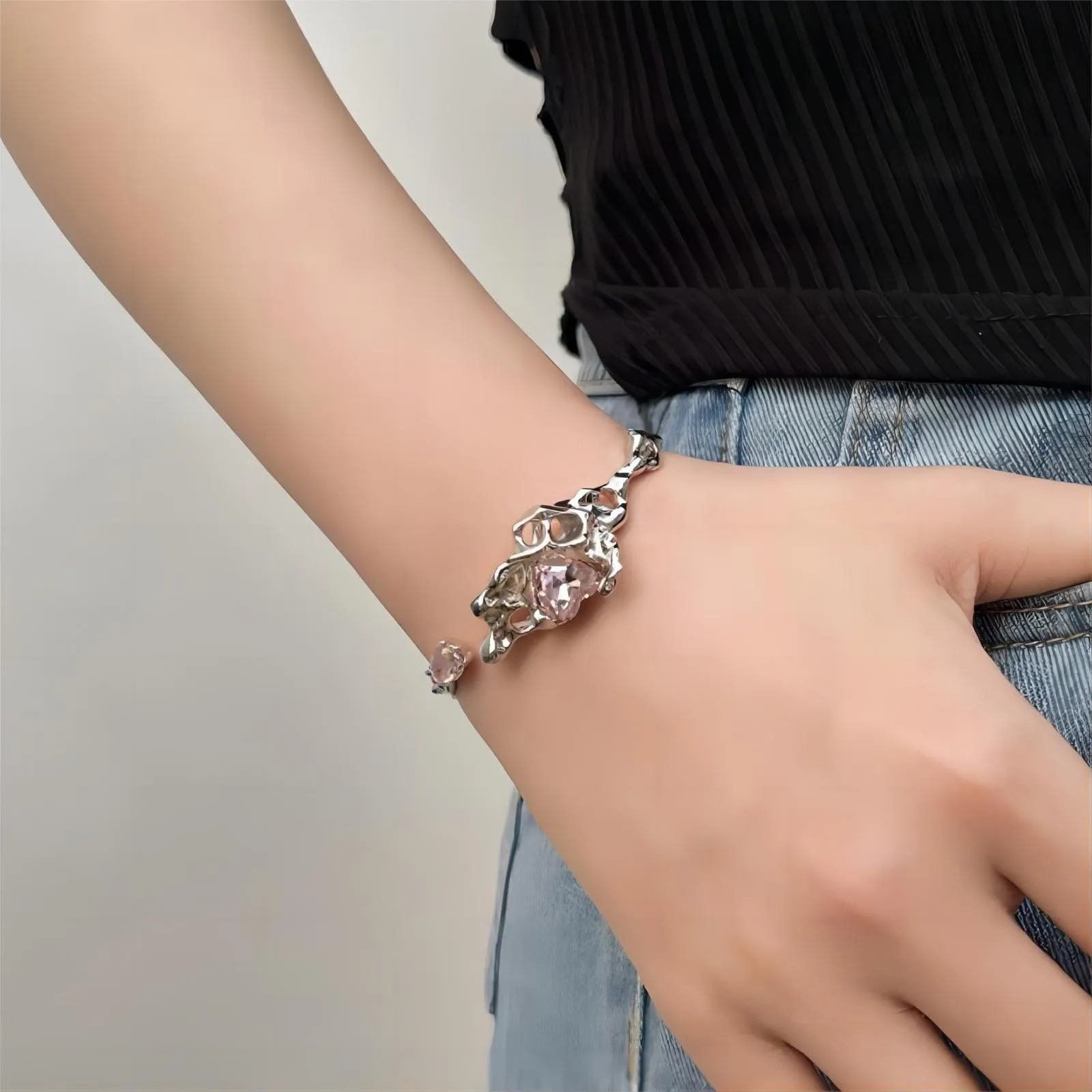 Geometric Crystal Heart Bangle Bracelet