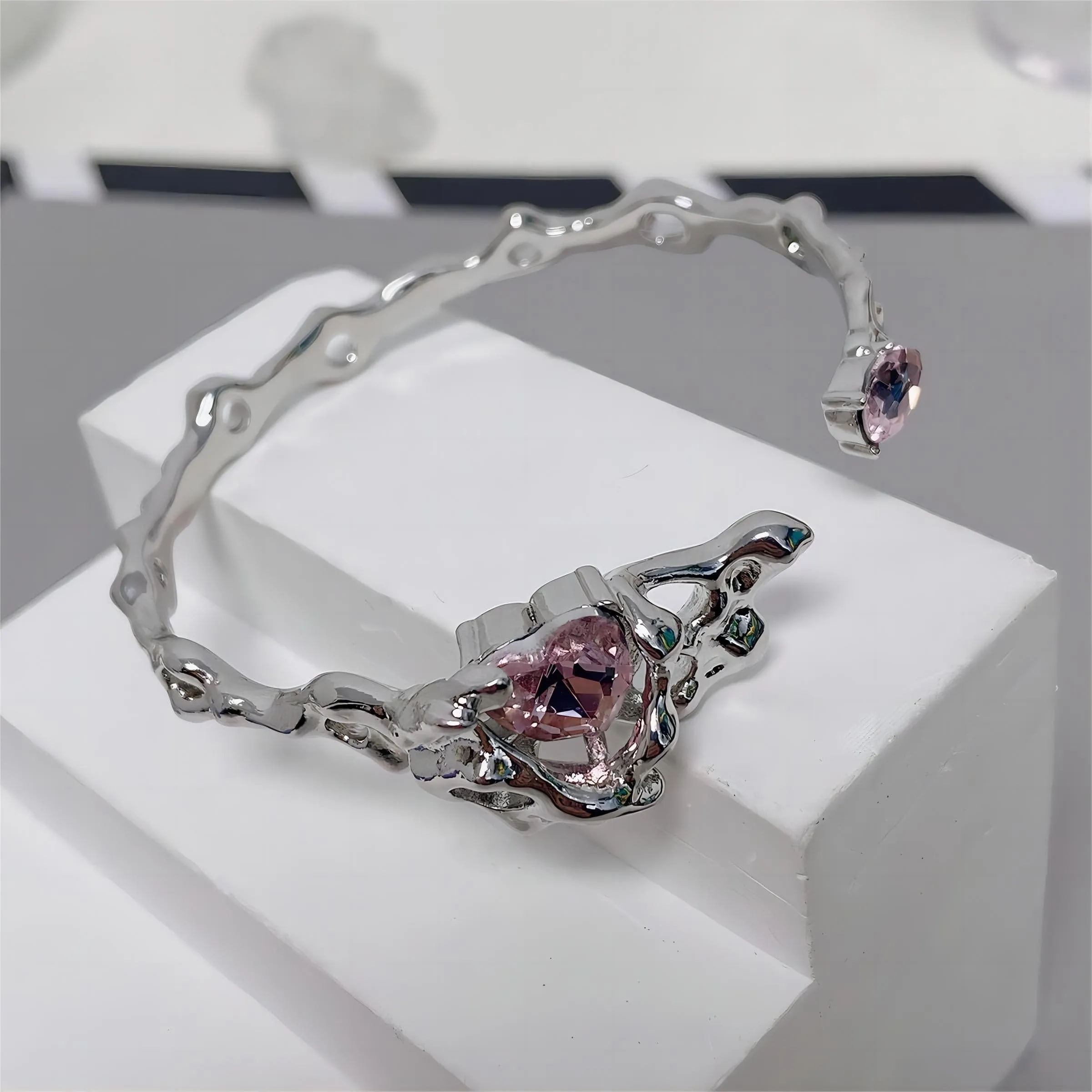 Geometric Crystal Heart Bangle Bracelet