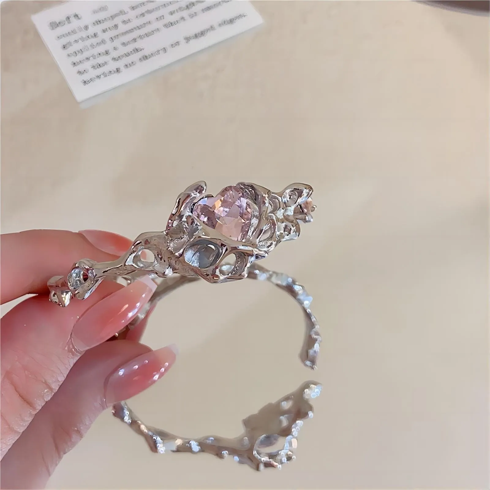 Geometric Crystal Heart Bangle Bracelet