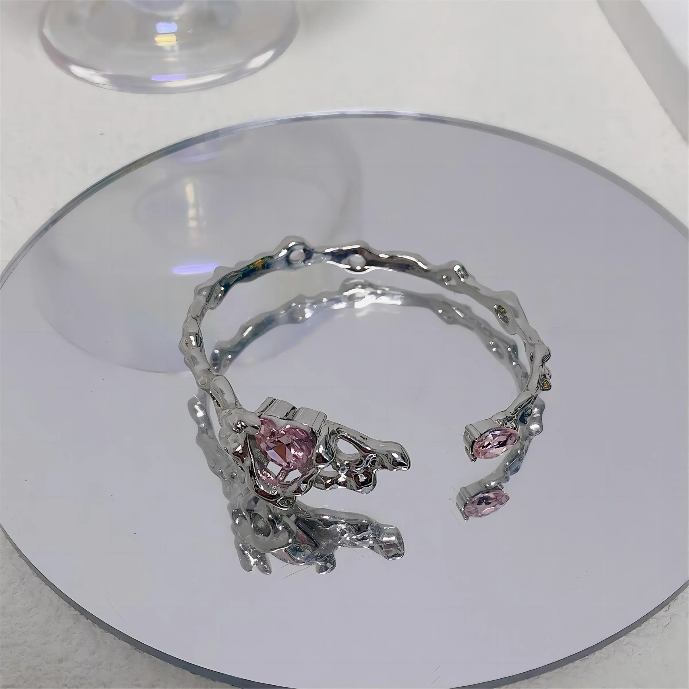 Geometric Crystal Heart Bangle Bracelet