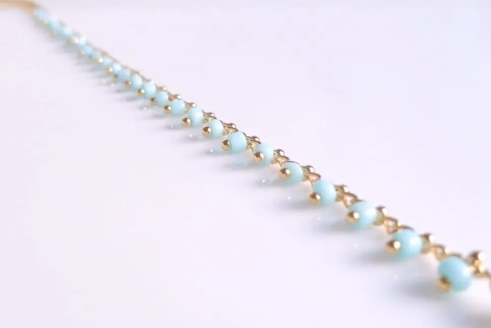 Gold Beaded Bracelet/Anklet - baby blue extra tiny beads - wispy gold adjustable chain - delicate thin minimalist style dainty small gift