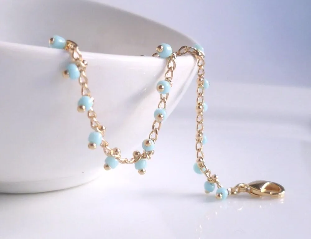 Gold Beaded Bracelet/Anklet - baby blue extra tiny beads - wispy gold adjustable chain - delicate thin minimalist style dainty small gift