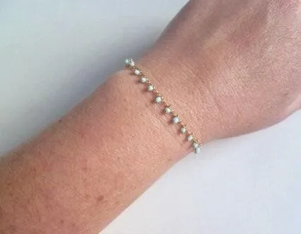 Gold Beaded Bracelet/Anklet - baby blue extra tiny beads - wispy gold adjustable chain - delicate thin minimalist style dainty small gift