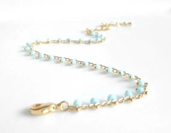 Gold Beaded Bracelet/Anklet - baby blue extra tiny beads - wispy gold adjustable chain - delicate thin minimalist style dainty small gift