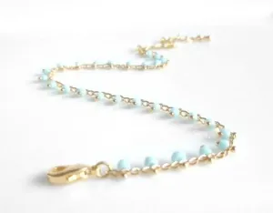 Gold Beaded Bracelet/Anklet - baby blue extra tiny beads - wispy gold adjustable chain - delicate thin minimalist style dainty small gift