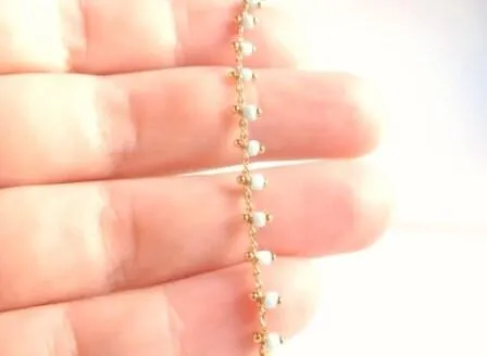 Gold Beaded Bracelet/Anklet - baby blue extra tiny beads - wispy gold adjustable chain - delicate thin minimalist style dainty small gift