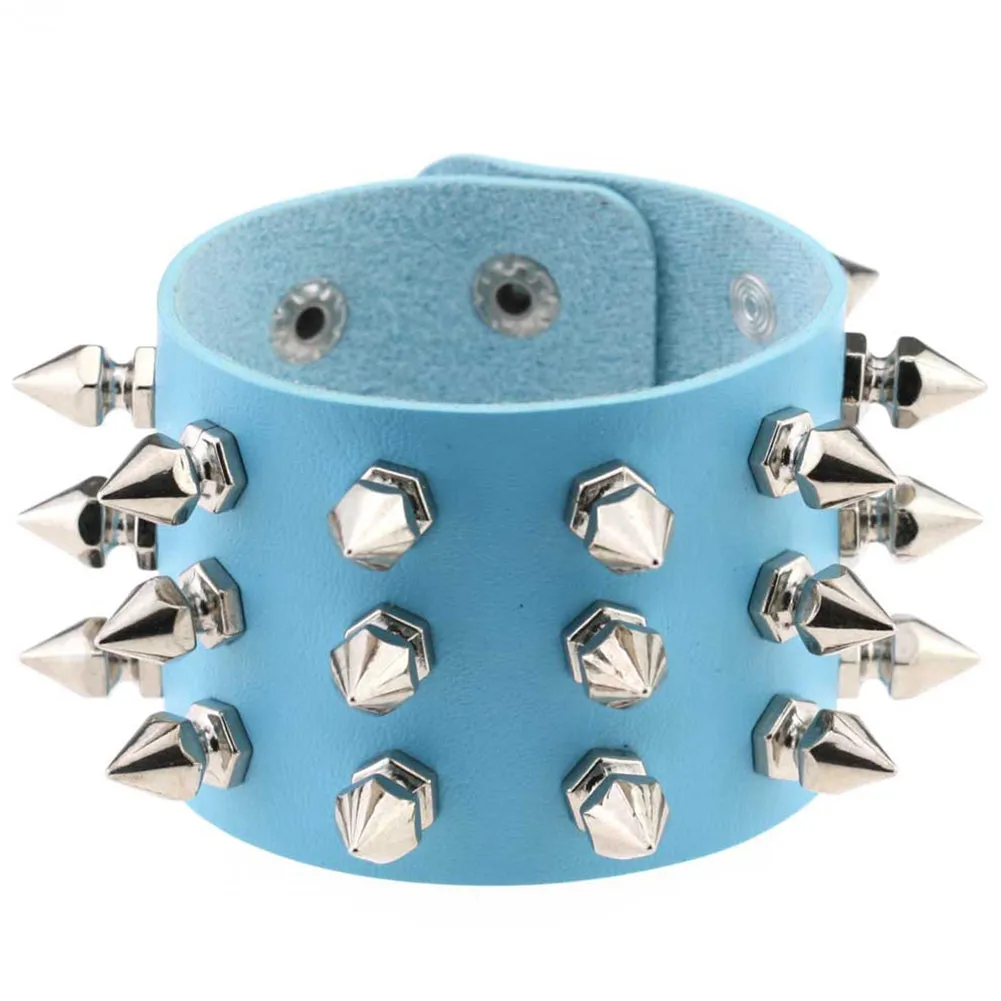 Gothic Delicate Cuspidal Spikes Rivet Leather Bracelets Punk Bracelet for Women Men  Light blue