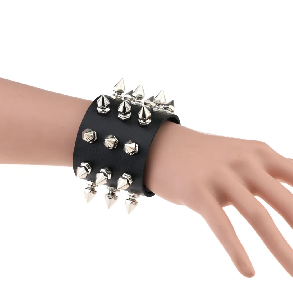 Gothic Delicate Cuspidal Spikes Rivet Leather Bracelets Punk Bracelet for Women Men  Light blue