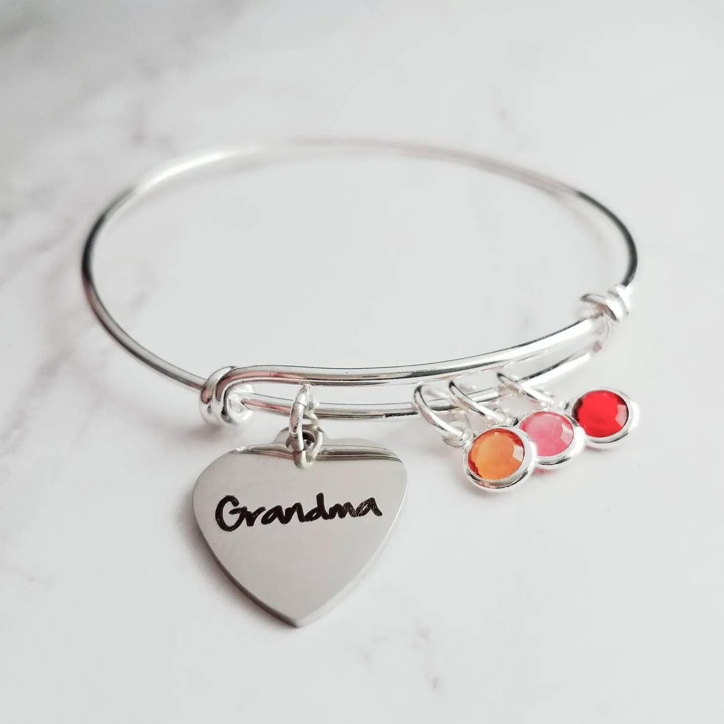 Grandma Bracelet, birthstone bracelet, silver adjustable bangle, mothers day gift, grandchildren, memento bracelet, keepsake gift, charm