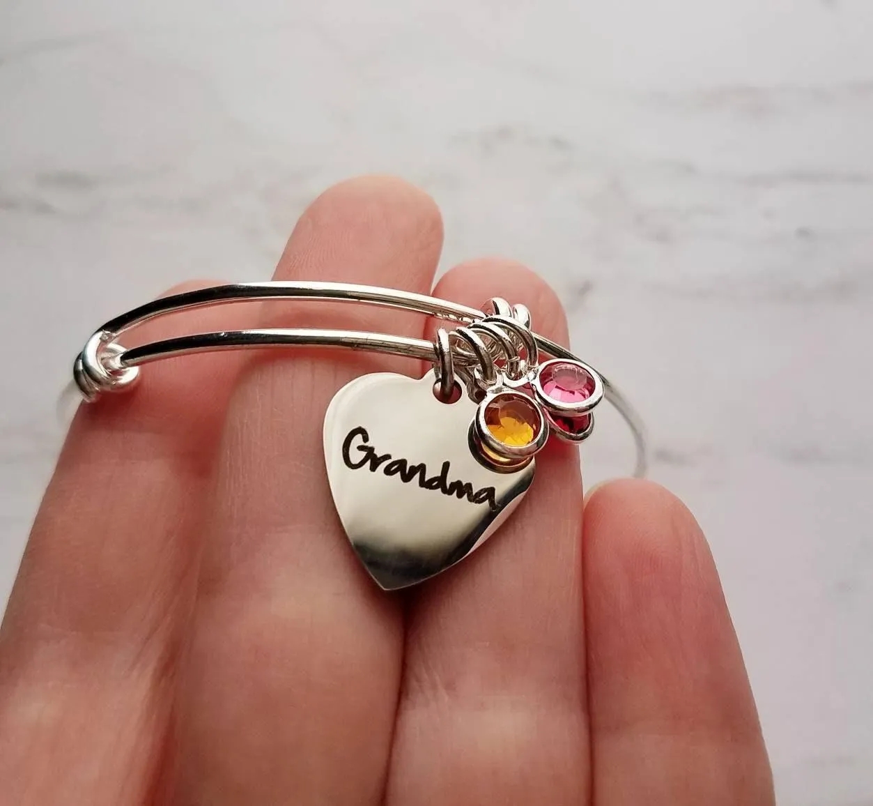 Grandma Bracelet, birthstone bracelet, silver adjustable bangle, mothers day gift, grandchildren, memento bracelet, keepsake gift, charm
