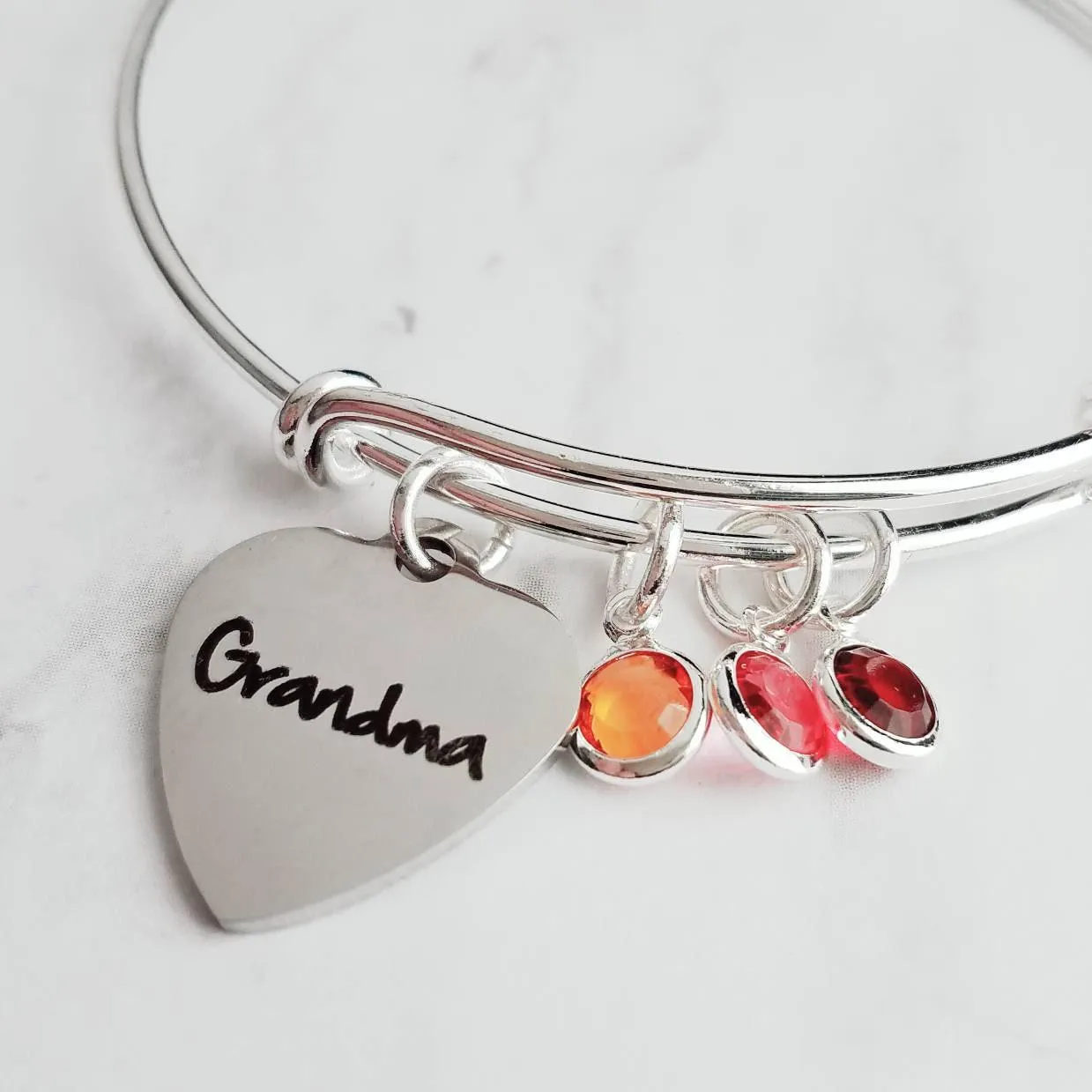 Grandma Bracelet, birthstone bracelet, silver adjustable bangle, mothers day gift, grandchildren, memento bracelet, keepsake gift, charm