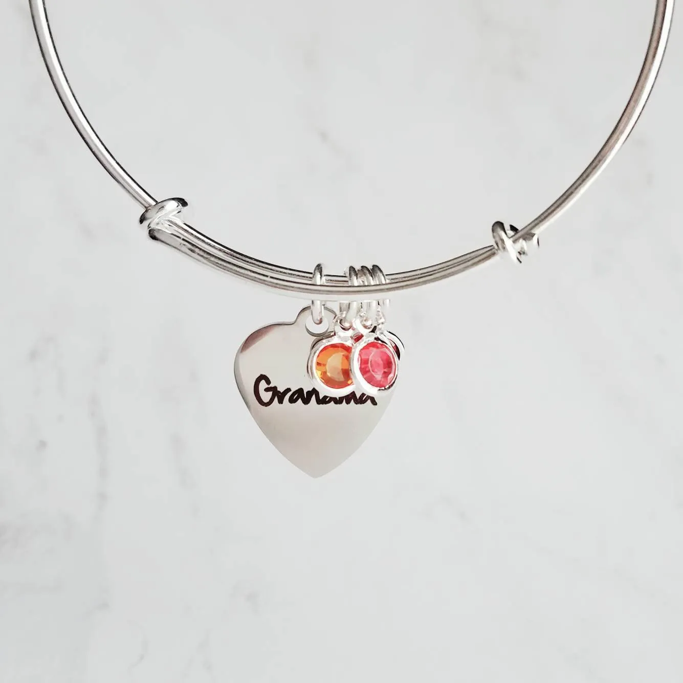 Grandma Bracelet, birthstone bracelet, silver adjustable bangle, mothers day gift, grandchildren, memento bracelet, keepsake gift, charm