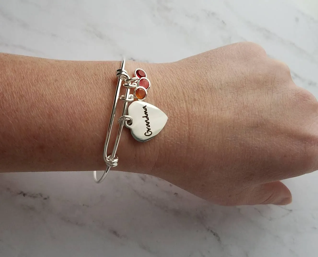 Grandma Bracelet, birthstone bracelet, silver adjustable bangle, mothers day gift, grandchildren, memento bracelet, keepsake gift, charm
