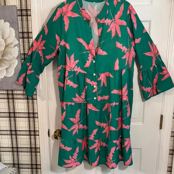 Green and Pink Floral Midi Dress