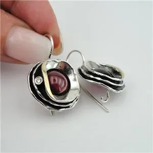 Hadar Designers Red Garnet Earrings  9k Yellow Gold 925 Silver Gift Handmade (Ms