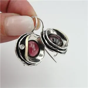 Hadar Designers Red Garnet Earrings  9k Yellow Gold 925 Silver Gift Handmade (Ms