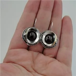 Hadar Designers Red Garnet Earrings  9k Yellow Gold 925 Silver Gift Handmade (Ms
