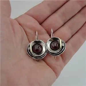 Hadar Designers Red Garnet Earrings  9k Yellow Gold 925 Silver Gift Handmade (Ms