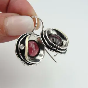 Hadar Designers Red Garnet Earrings  9k Yellow Gold 925 Silver Gift Handmade (Ms