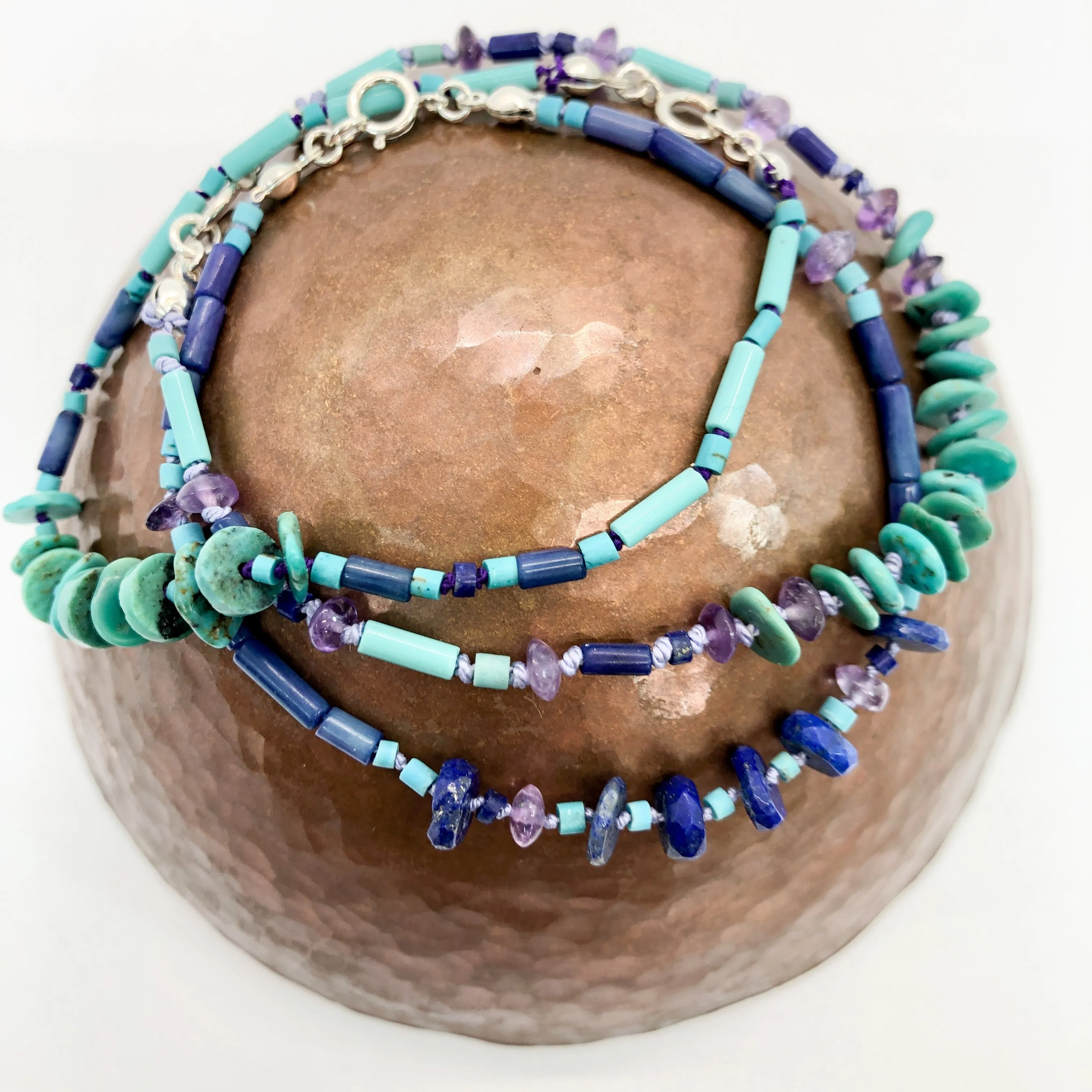 Hand Knotted Turquoise, Lapis and Glass Bead Bracelet