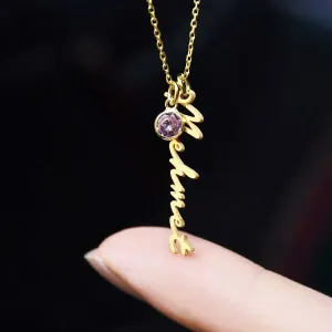 Handwriting Name Necklace Gemstone Pendant with Silver Chain
