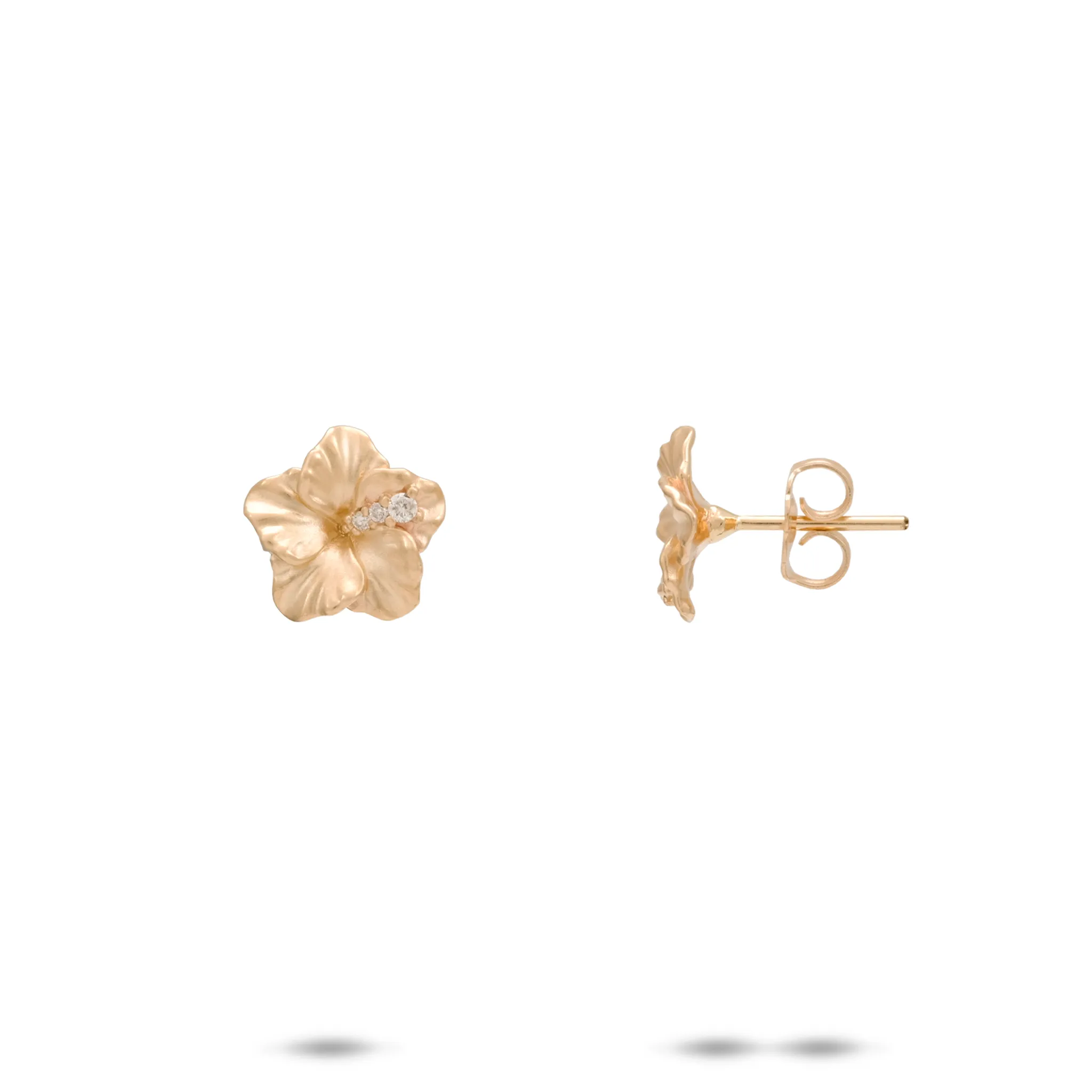 Hawaiian Gardens Hibiscus Earrings in Gold with Diamonds - 9.5mm