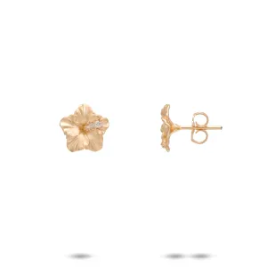 Hawaiian Gardens Hibiscus Earrings in Gold with Diamonds - 9.5mm
