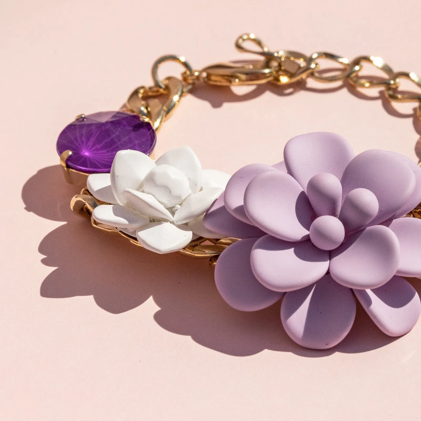 Hibiscus and Lily Bracelet with Diamond Cut Hand painted Resin Stones
