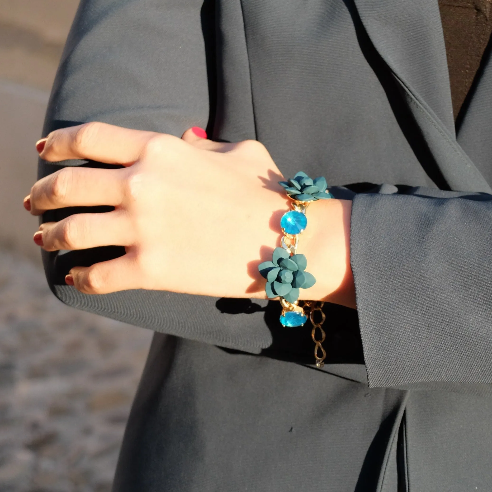 Hibiscus and Lily Bracelet with Diamond Cut Hand painted Resin Stones