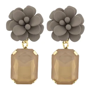 Italian Dove Grey Modern Marble Hibiscus Earrings - Emerald Cut Hand Painted Resin Pendant